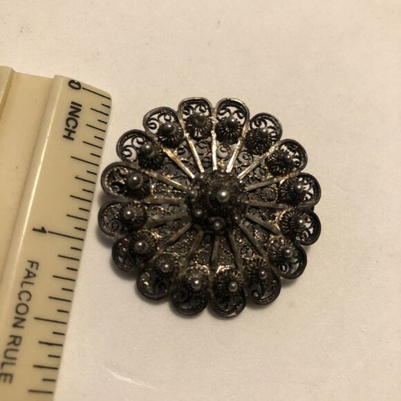 Vintage Oxidized Silver 925 Filigree Blooming Flower Dotted Round Pin Brooch - Picture 5 of 7